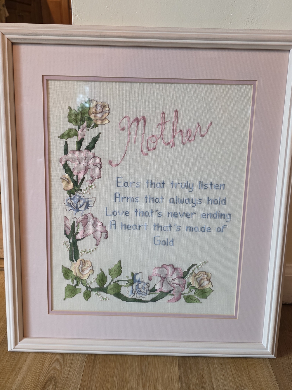 Mother Floral Cross-Stitch Wall Art - white washed Frame